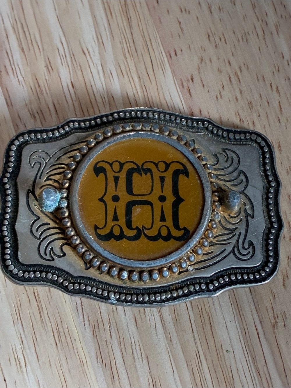 Vintage Decorative Oval Belt Buckle with Yellow Medallion